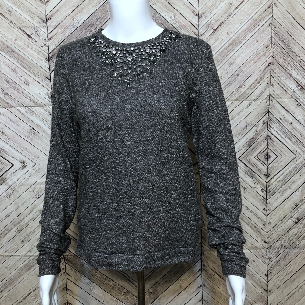 F21 Womens S Gray Embellished gem collar pullover
